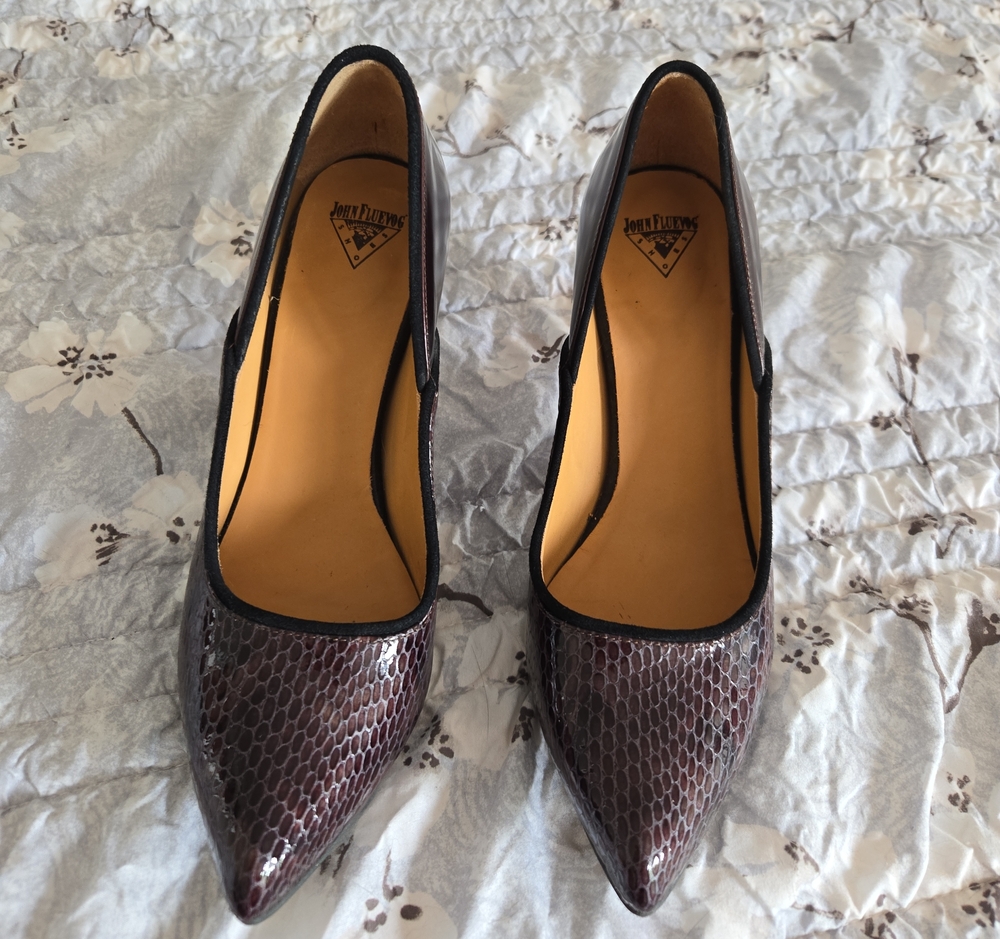 John Fluevog Burgundy Snakeskin Patent Pointed Pumps